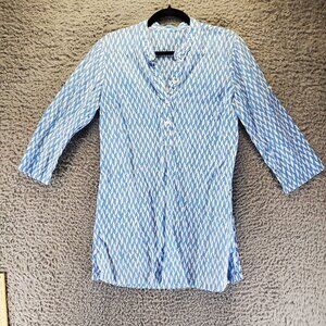 J. McLaughlin Shirt Womens Medium Blue Print Lightweight 3/4 Sleeve Blouse
